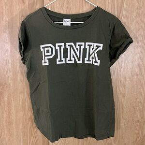 PINK Olive Green Logo Crew Rolled Sleeve Tee Top
